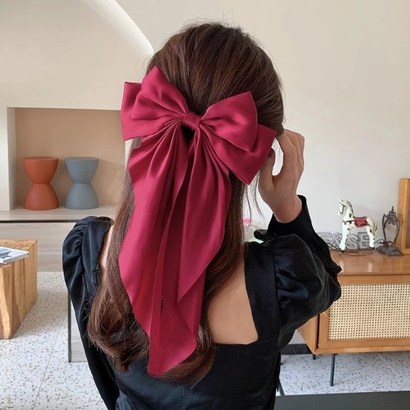 Oversized Satin Bow Hair Clip with Long Ribbon Elegant Solid Color Hairpin for Women Girls Party Daily Hairstyling Oasis Select