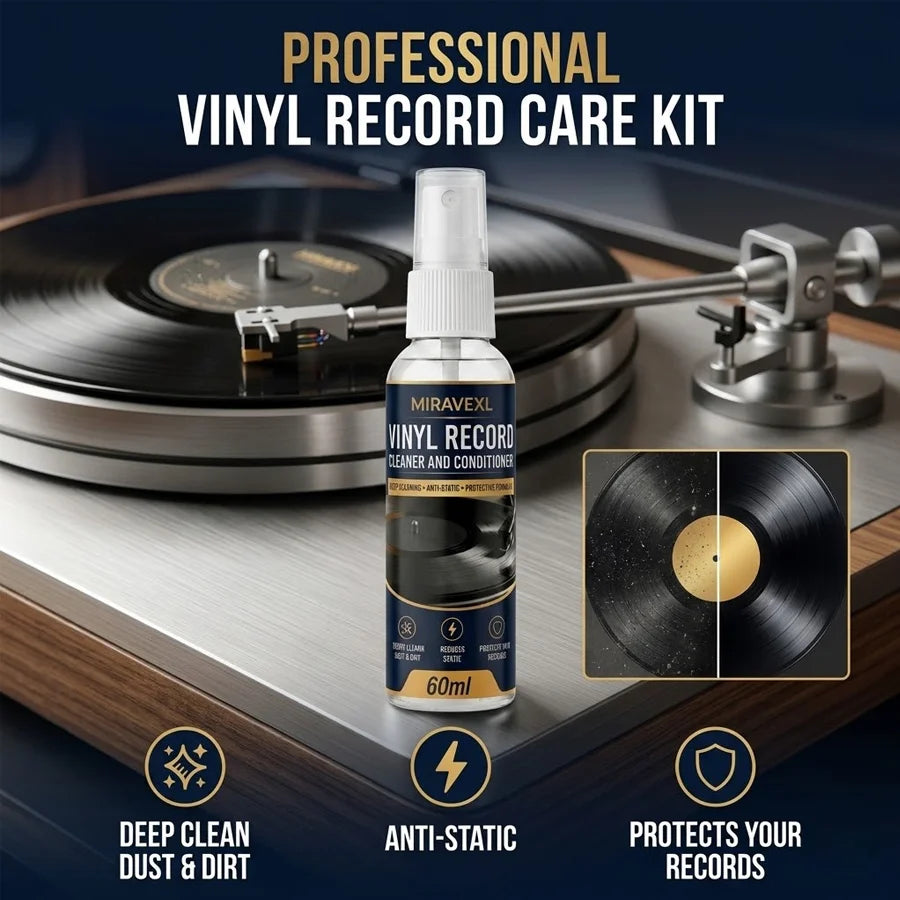 MIRAVEXL Vinyl Record Cleaning Kit: 60ml Spray & Anti-Static Velvet Brush Set — Designed Specifically for Record Maintenance Oasis Select