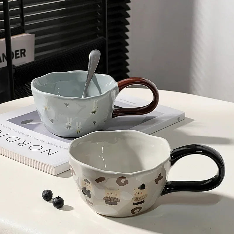300ml Hand-painted Flower Ceramic Coffee Cup Cute Style Print Porcelain Handmade Breakfast Milk Juice Tea Chocolate Handle Mug Oasis Select