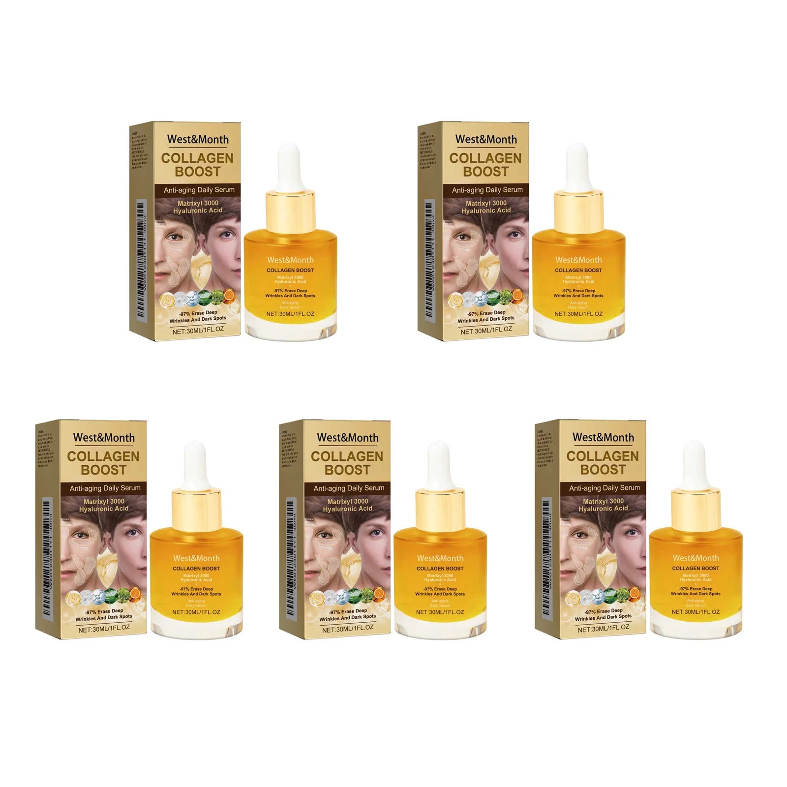 Collagen Face Serum Hydrating Tightening Smoothing Nourishing Brightening Face Skin Fade Fine Lines Anti-Aging Face Essence Oasis Select 5 x 30ml Boxed
