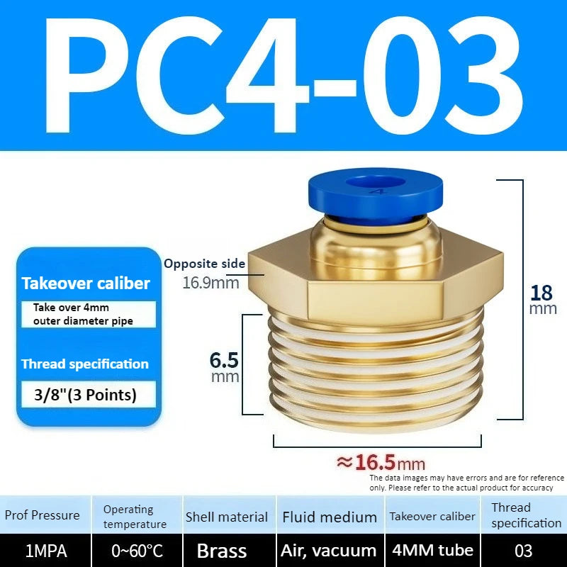 Copper Pneumatic Quick Plug Quick Connector 1/4 "1/8" 3/8 1/2 Thread PC 4mm 6mm 8mm Straight Hose Connector Pipe Oasis Select PC4-03 Blue