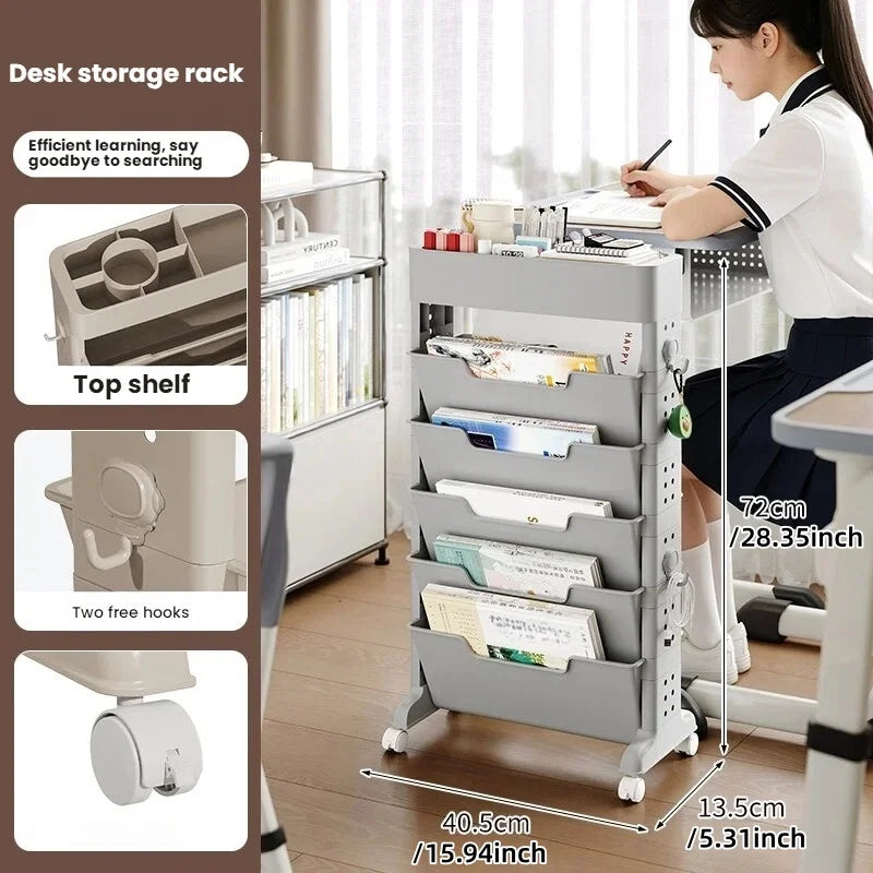 Side table bookshelf, schoolbag storage rack, household multi-level mobile trolley, learning supplies storage rack Oasis Select gray