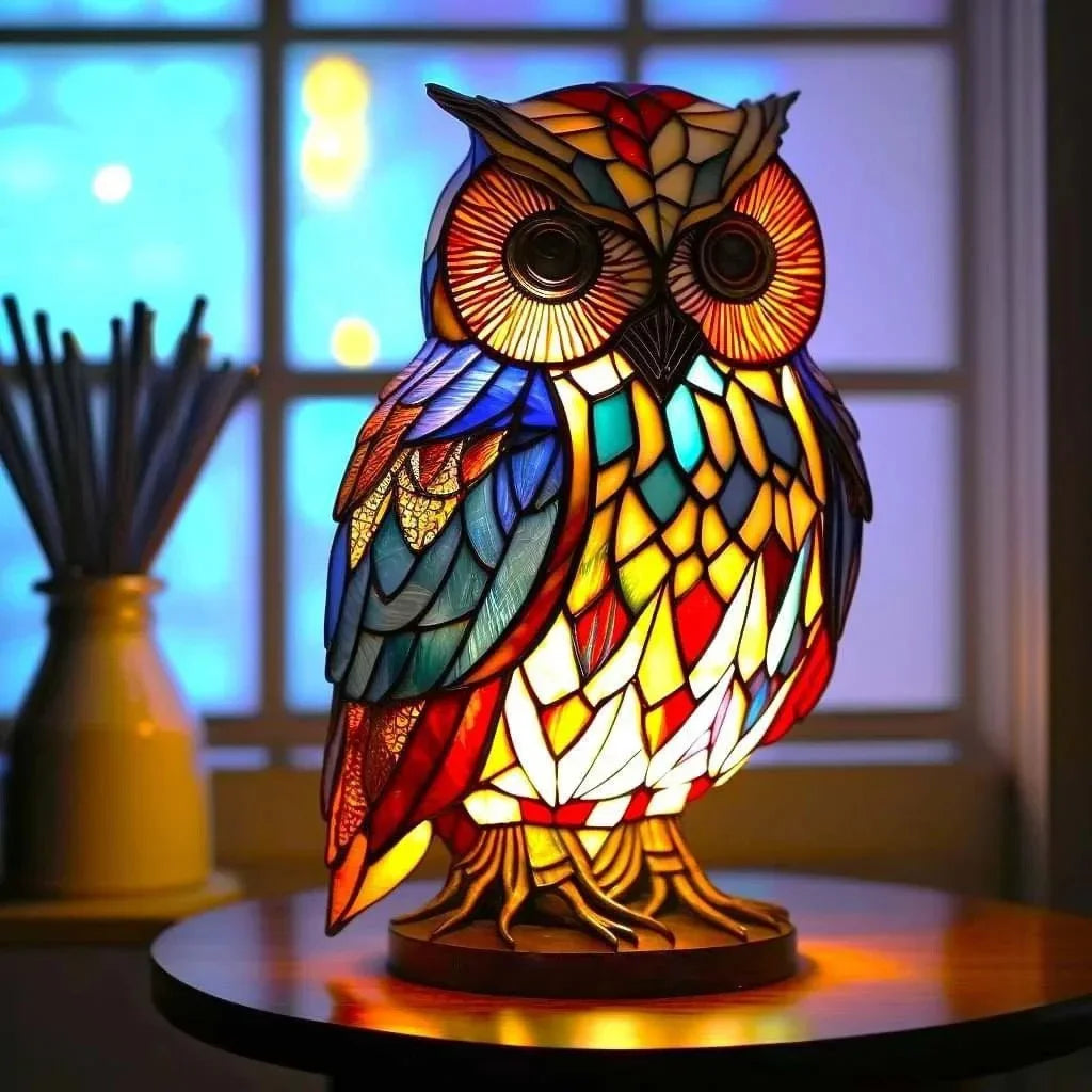 Resin Stained Glass Animal Table Light Night Light Owl Horse Rooster Elephant Table Lamp for Living Room Home Bedroom Decoration Oasis Select Owl
