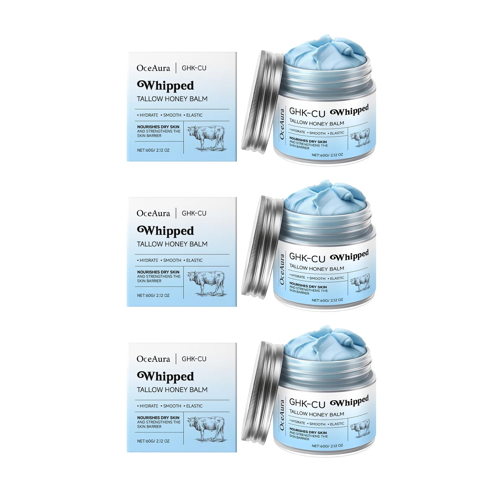 Ghk-Cu Beef Tallow Honey Balm Repair Dry Skin Deep Hydration Nourish Non-Greasy Brightening Even Skin Whipped Tallow Honey Cream Oasis Select 60g x3 boxed