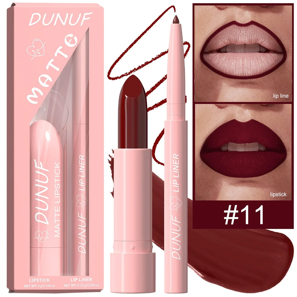 DUNUF 12-Color Matte Lipstick & Lip Liner Set – Waterproof