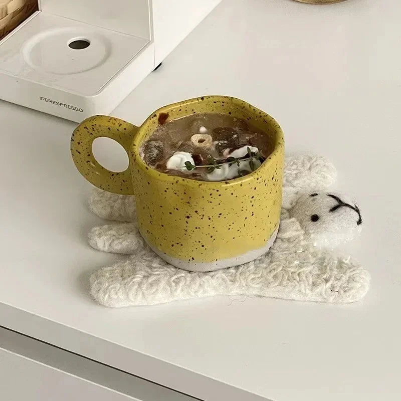 Ceramic Mug Ring Handle Irregular Coffee Modern Print Porcelain Ins Catoon Style Mug Handmade Hot Chocolate Couple Handgrip Cups Oasis Select Yellow 201-300ml