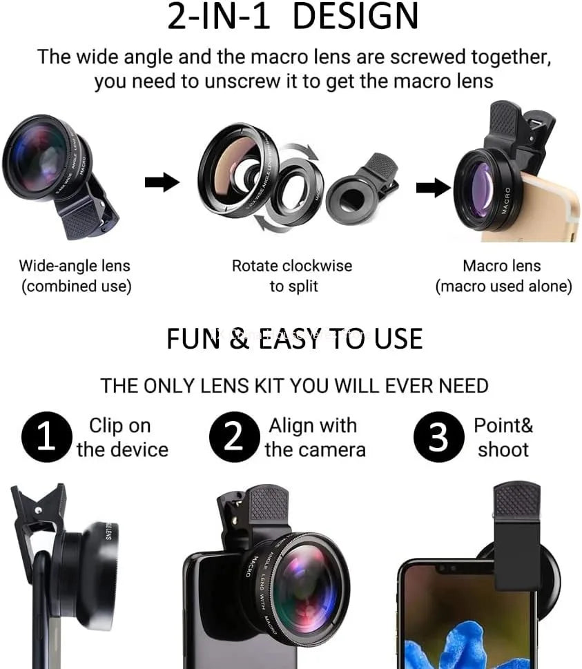 2 IN 1 Lens Universal Clip 37mm Mobile Phone Lens Professional 0.45X 49uv Super Wide-Angle + Macro HD Lens For iPhone Android Oasis Select
