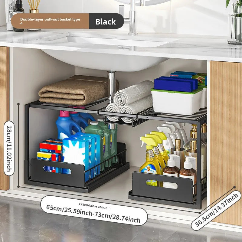 Kitchen retractable lower sink rack push-pull drawer storage rack storage basket cabinet layered pot storage rack Oasis Select Black A