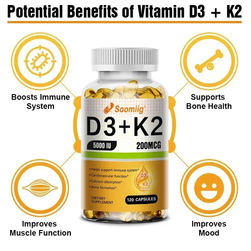 Vitamin D3 5000IU and 200 Mcg Vitamin K2 (MK-7) Capsules for Calcium Absorption, Bone Regeneration, Immune Support, Easy To Melt Oasis Select