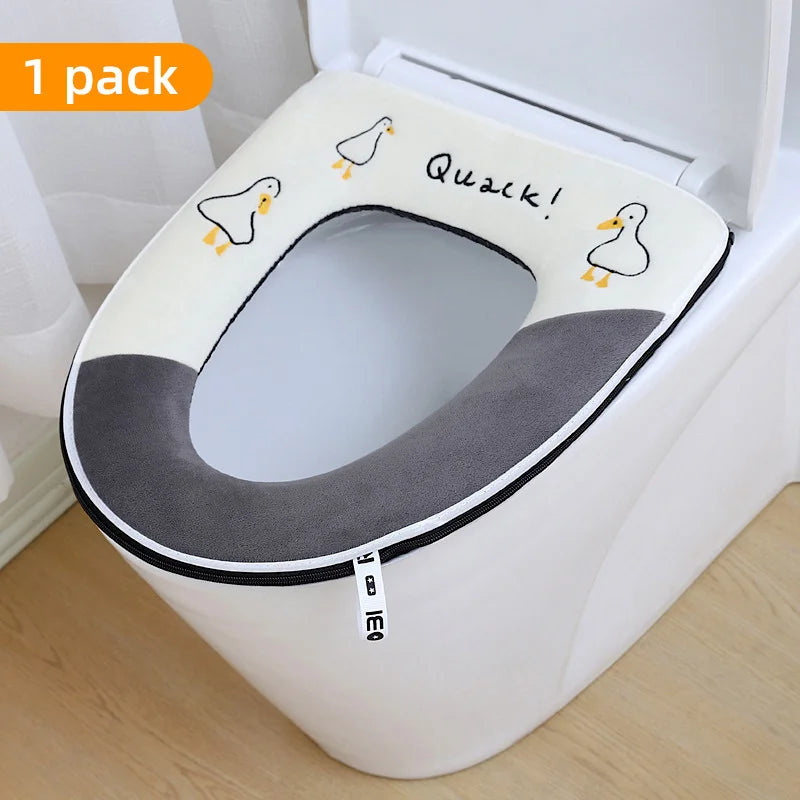 Cute Embroidery Toilet Seat Cover With Zipper Soft Warmer Washable Toilet Mat Cover Pad Cushion WC Ring Mat Bathroom Aceesories Oasis Select Light Grey