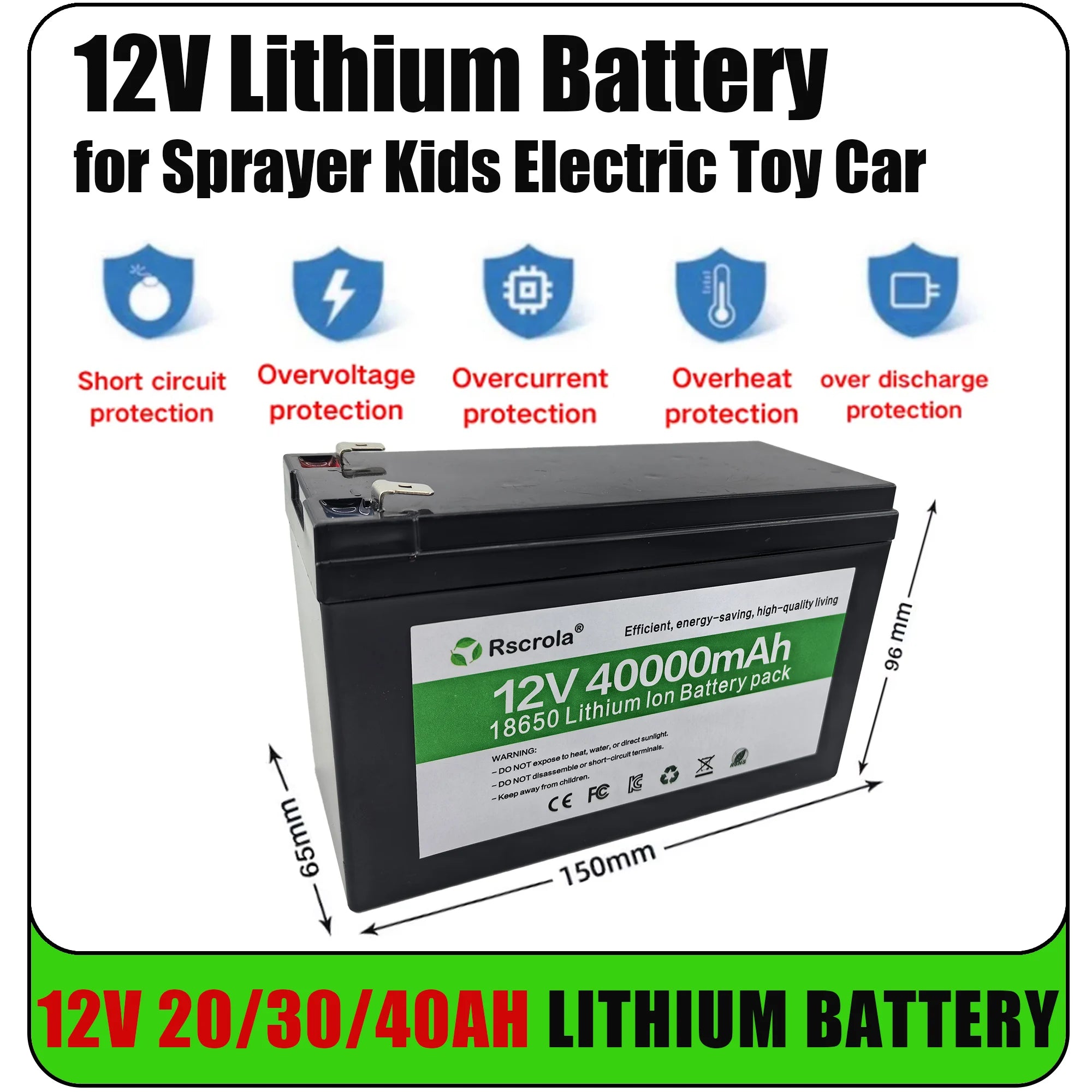 Black 12V Battery 40Ah 30Ah 20Ah 18650 Lithium Battery Pack Sprayer Built-in High Current BMS Electric Vehicle Battery Oasis Select