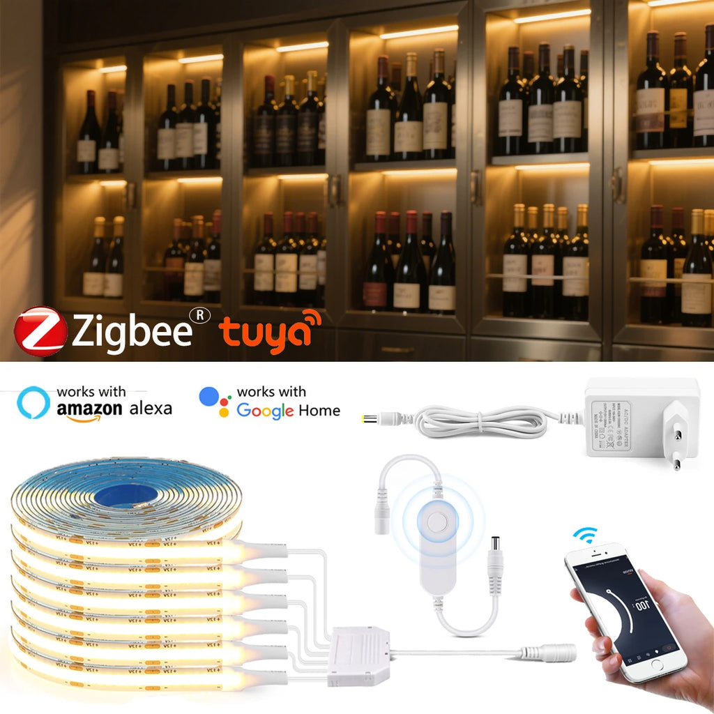 12V COB LED Strip Lights Smart Zigbee Tuya APP Control Kitchen Collect Wine Cabinet DIY Decor Lighting Ribbon Voice Time Setting Oasis Select