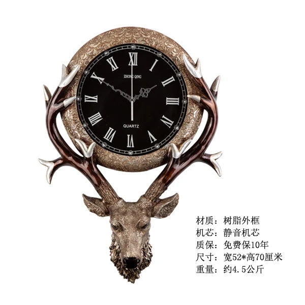 European Clock Living Room Creative Retro Deer Head Wall Clock Porch Home Silent Wall Clock Home Decor Living Room Decoration Oasis Select C 70cm X 50cm