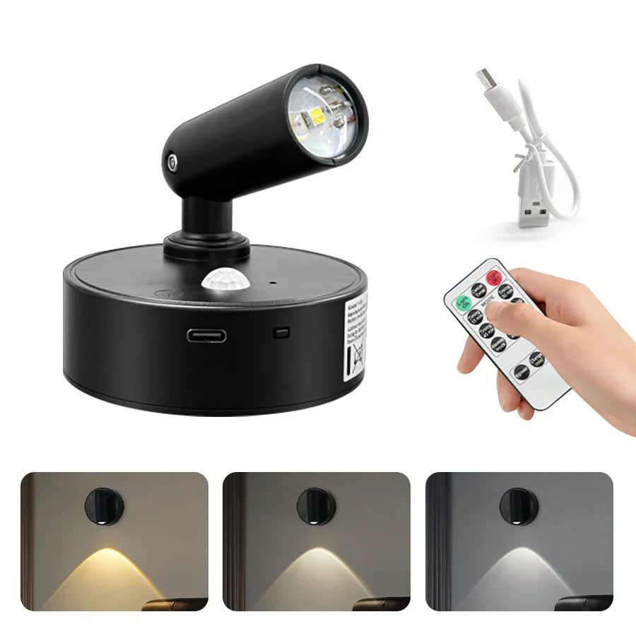 Motion Sensor LED Wall Lamp with Remote Control Rechargeable Touch Night Light Magnetic RGB Spotlight for Bedroom Hallway Stairs Oasis Select Black 3 Colors