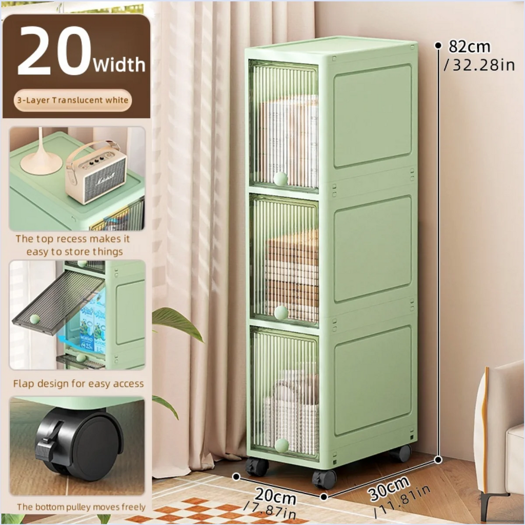 Slim Seam Cabinet Space-Saving Bookcase with Door Stackable Multi-Layer Rack Portable Movable Living Room Display Shelf Oasis Select White-3 layer