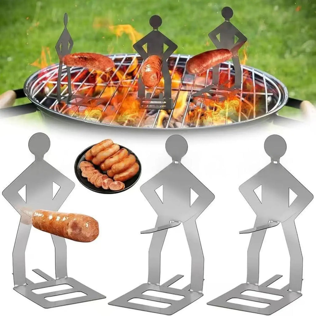1-4pcs Reusable Stainless Steel Hot Dog Holders Funny Standing Man Sausage Grill Rack for Barbecue Camping Spring Trip BBQ Oasis Select 3PCS