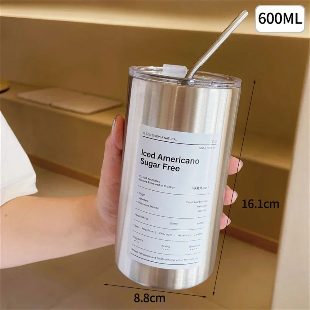 Portable 600ml Thermos Cup 304 Stainless Steel Coffee Mug Thermal Leak-proof Water Bottle with Straw Insulated Bottle Drinkware Oasis Select WHITE 600ml
