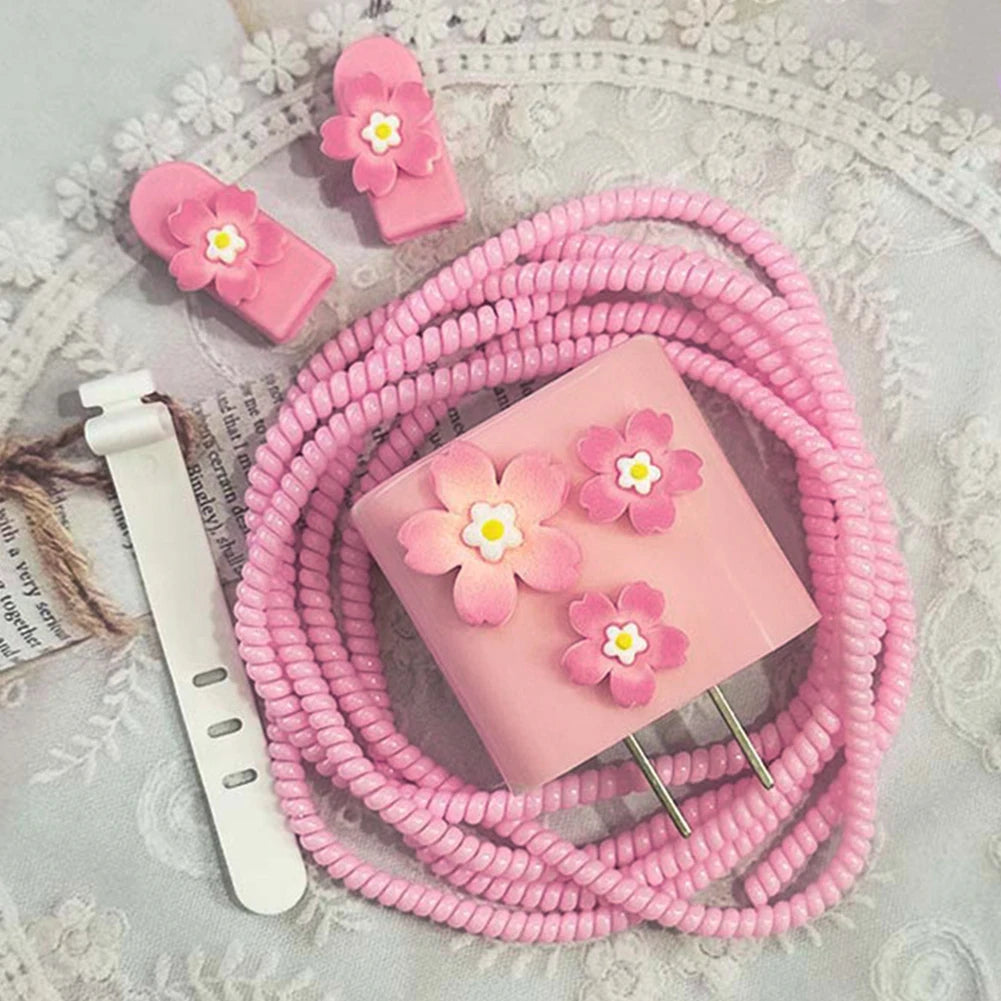 3D Pink Flower Cable Protector Sleeve for iPhone – 4 Pcs
