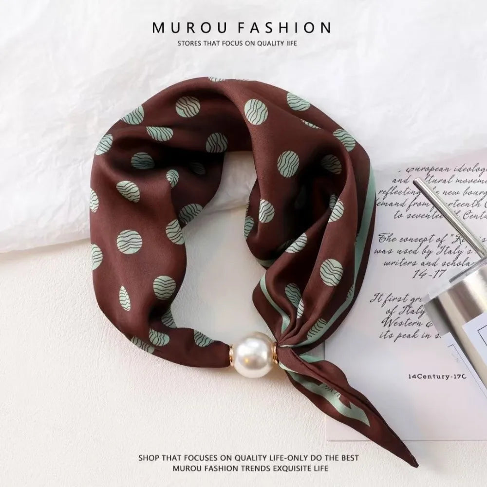 Elegant Breathable Silk Scarf Pearl Buckle Printed Magnetic Snap Scarf Lightweight Thin Faux Pearl Scarf for Women Accessories Oasis Select 02