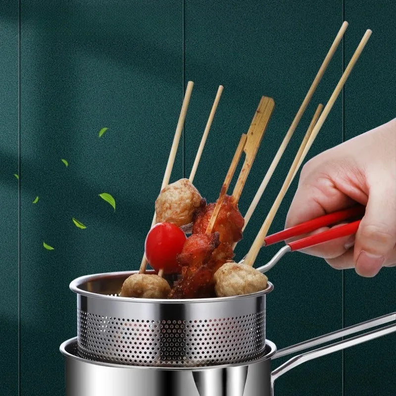 Kitchen Deep Frying Pan with Strainer Stainless Steel Tempura Fryer Versatile Cookware for Home Fried Food Preparation Oasis Select