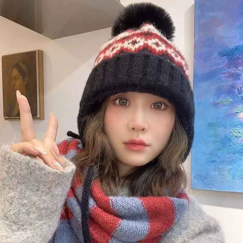 Fair Isle Jacquard Knit Beanie with Pom-Pom & Ear Flaps