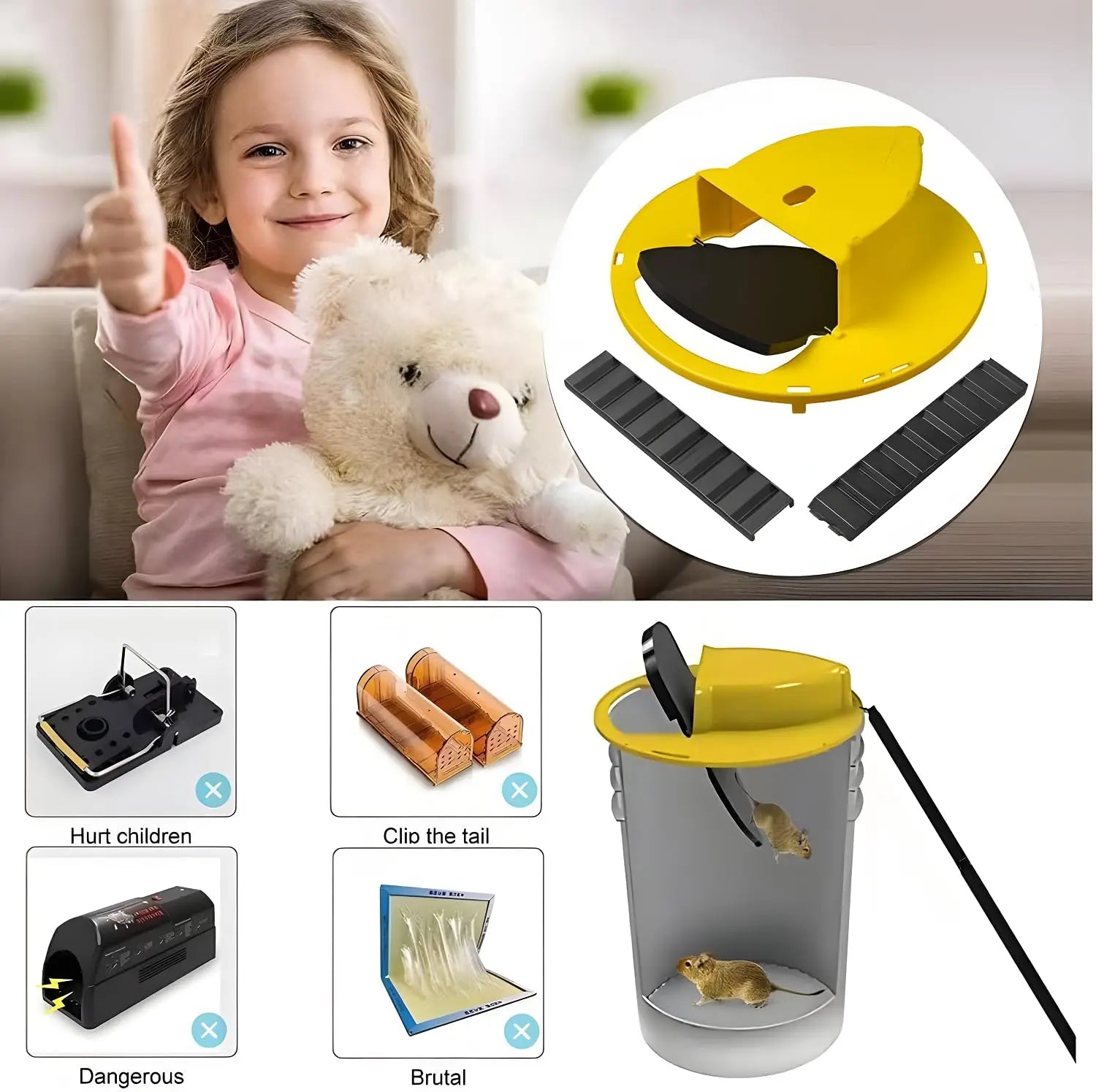 Double-end Mouse Trap Bucket Flip Lid -Multi-Catch Auto-Reset Humane or Lethal Rat Trap ABS Material -5 Gallon Bucket Compatible Oasis Select