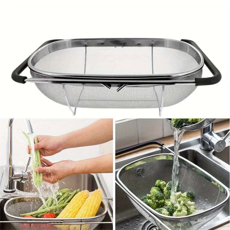 1 Set Stainless Steel Over Sink Colander with Telescopic Handle - Metal Mesh Strainer Basket for Washing Fruits & Vegetables Oasis Select