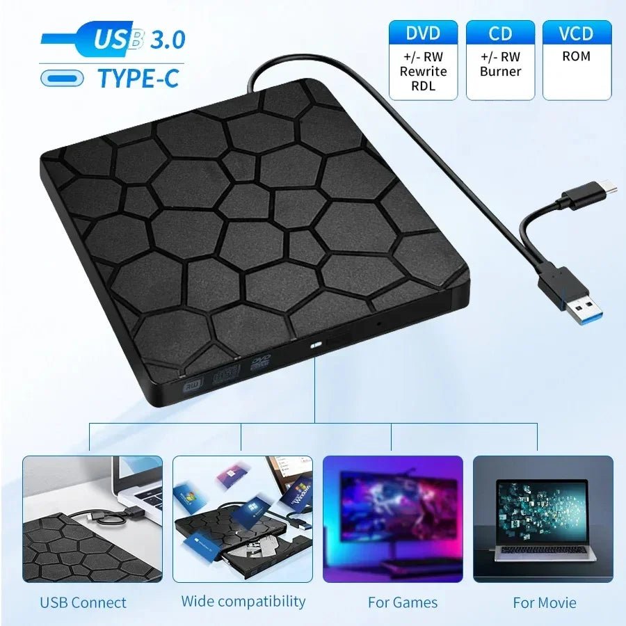 2 in 1 External DVD RW Drive USB 3.0 Type C Interface Slim DVD CD Writer Burner Reader Player Optical Drive For Laptop Notebook Oasis Select
