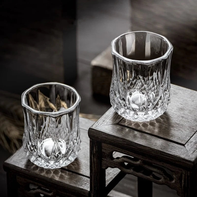 1/6Pcs Embossed Glass 50ml Spirits Cups Engraved Tea Drinking Baijiu Cup Water Glass Small Capacity Household Small Wine Cup Oasis Select