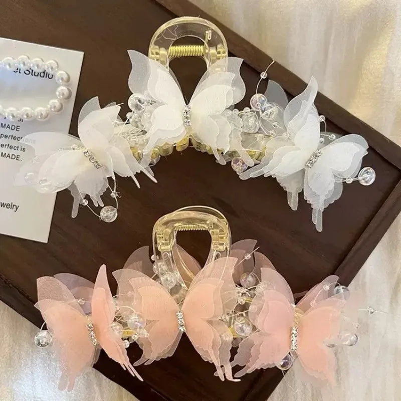 Light Blue/Pink Sheer Butterfly Claw Clip | Pearl Rhinestone Fairycore Hair Grabber | Elegant Romantic Hair Accessory Oasis Select