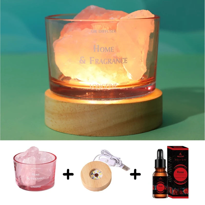 USB Essential Oil Diffuser with Natural Crystal Rocks, LED Passive Diffuser with Healing Crystals, Fragrant Incense Decor Lamp Oasis Select rose 10ml