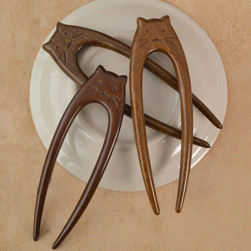 Chinese Cat Pattern Hair Sticks Wooden U Shaped Hair Forks for Women Girls Hanfu Hairpin Headwear Headpieces Hair Accessories Oasis Select