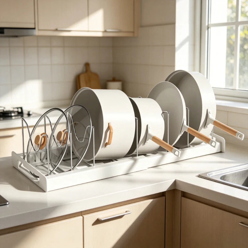 Expandable Pans Organizer Rack 6 Adjustable Compartments Dish Storage Rack Pot Lid Organizer Pots Holder Kitchen Utensils Rack Oasis Select