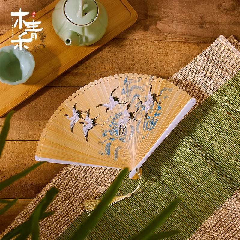 18cm Chinese style retro style all bamboo crane dark green big red bronzing folding fan portable cheongsam dance fan Oasis Select