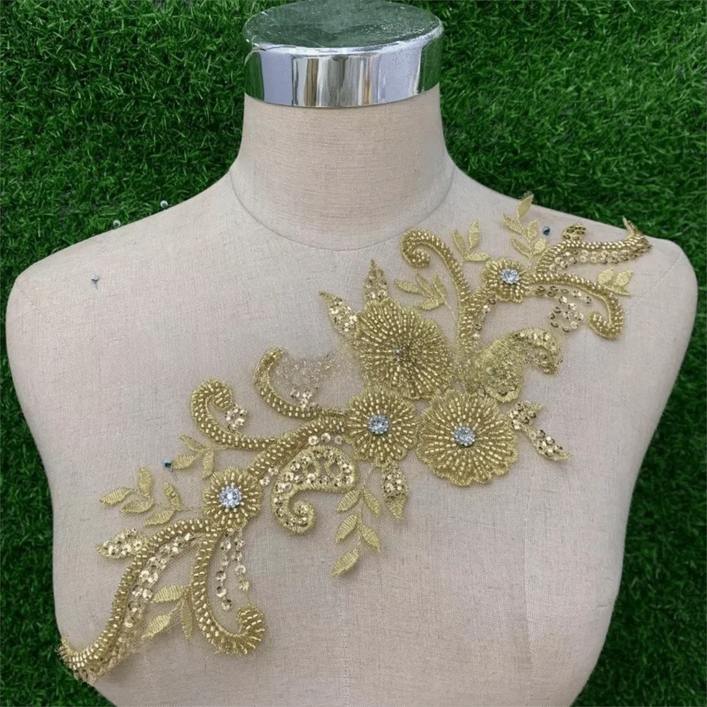 Rhinestone Flower Lace Applique Patch Handsewn Glass Drill Flower Embroidery Applique DIY Evening Gown Wedding Dress Accessories Oasis Select Gold