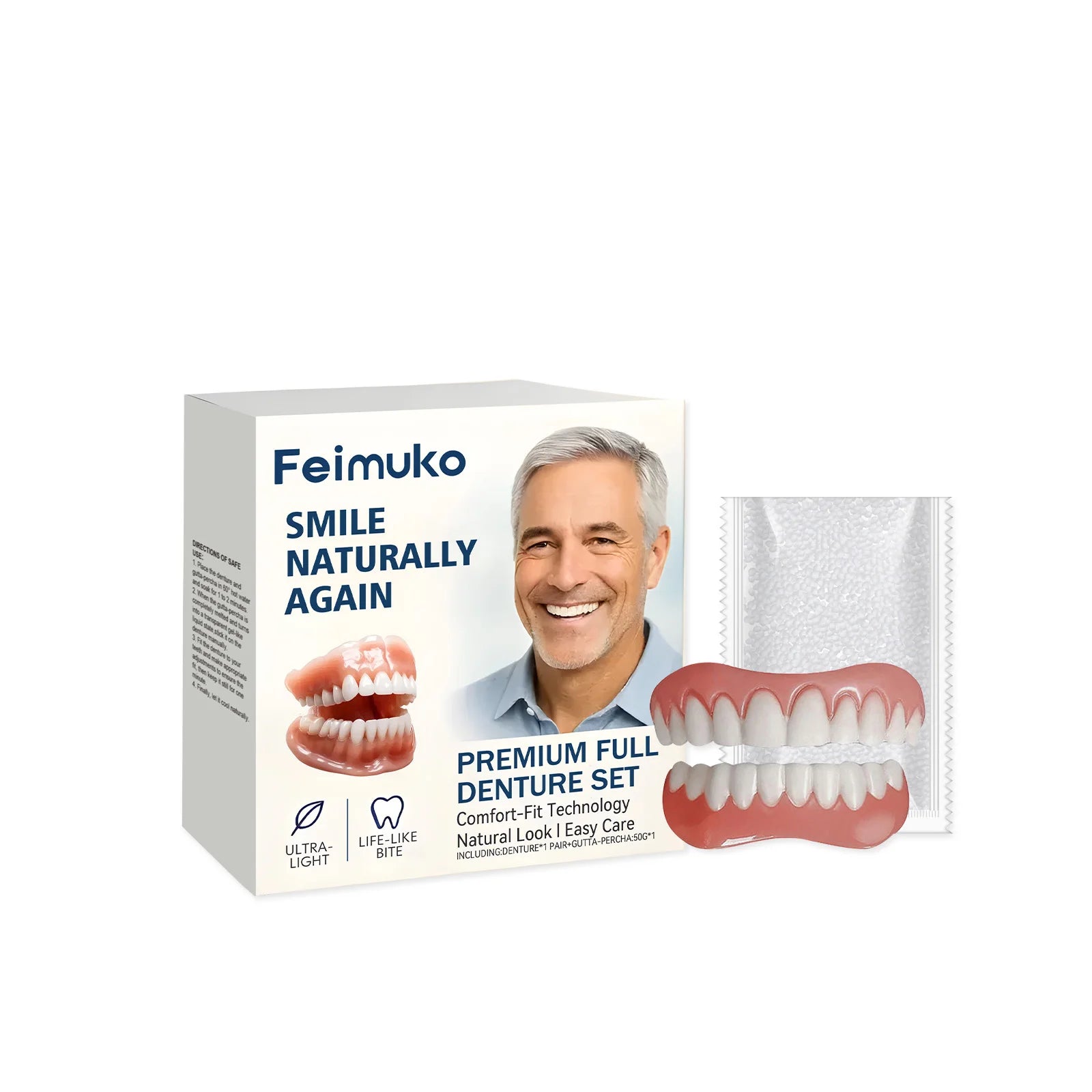 Adjustable Silicone Dentures Full Set – Natural Smile for Men & Women Cosmetic Denture Set Oasis Select 1pc boxed