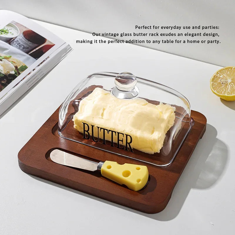 Wooden butter dish glass lid cheese box Butter cheese dessert plate cake dessert table display stand Oasis Select