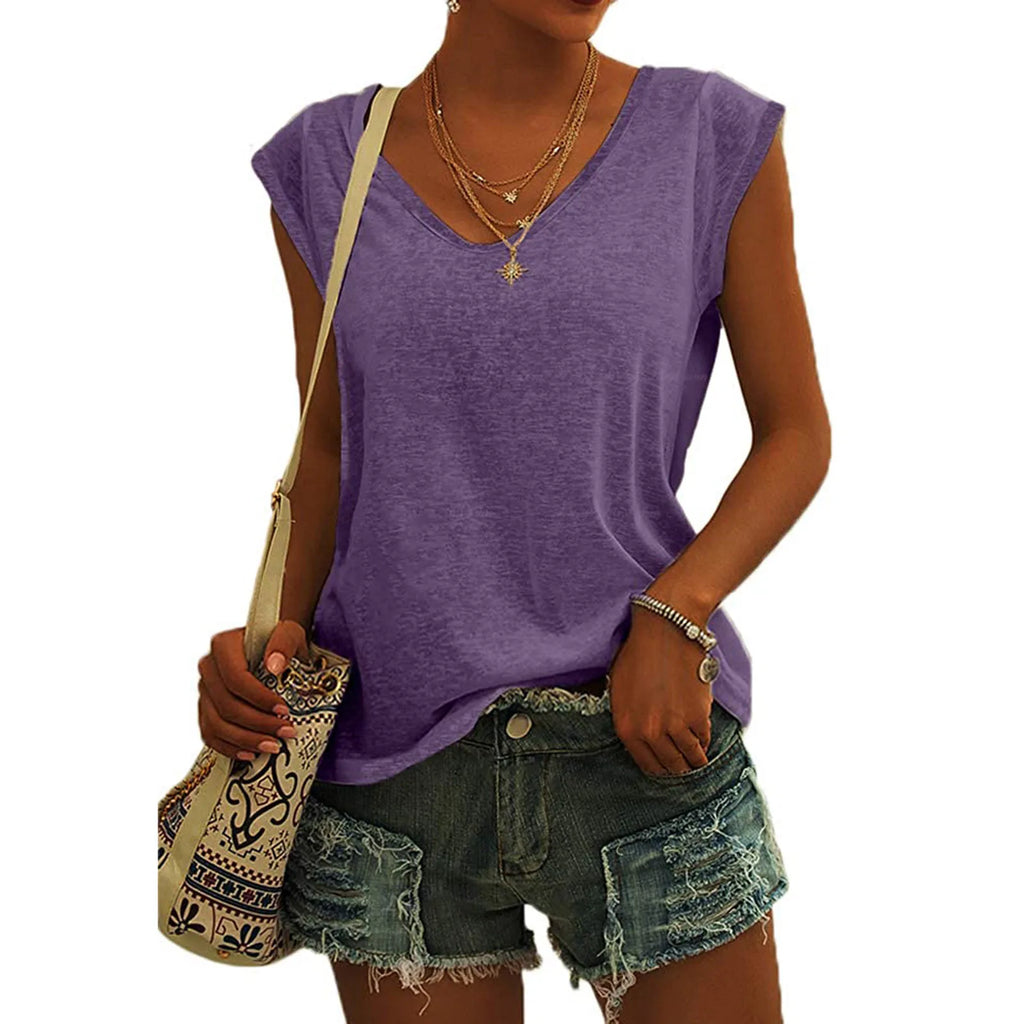 Summer Camisole Women'S V-Neck Vest Colored Cotton Solid Color T-Shirt Casual Sleeveless Vest Loose Top Fitted Vest Women'S Clot Oasis Select Purple M