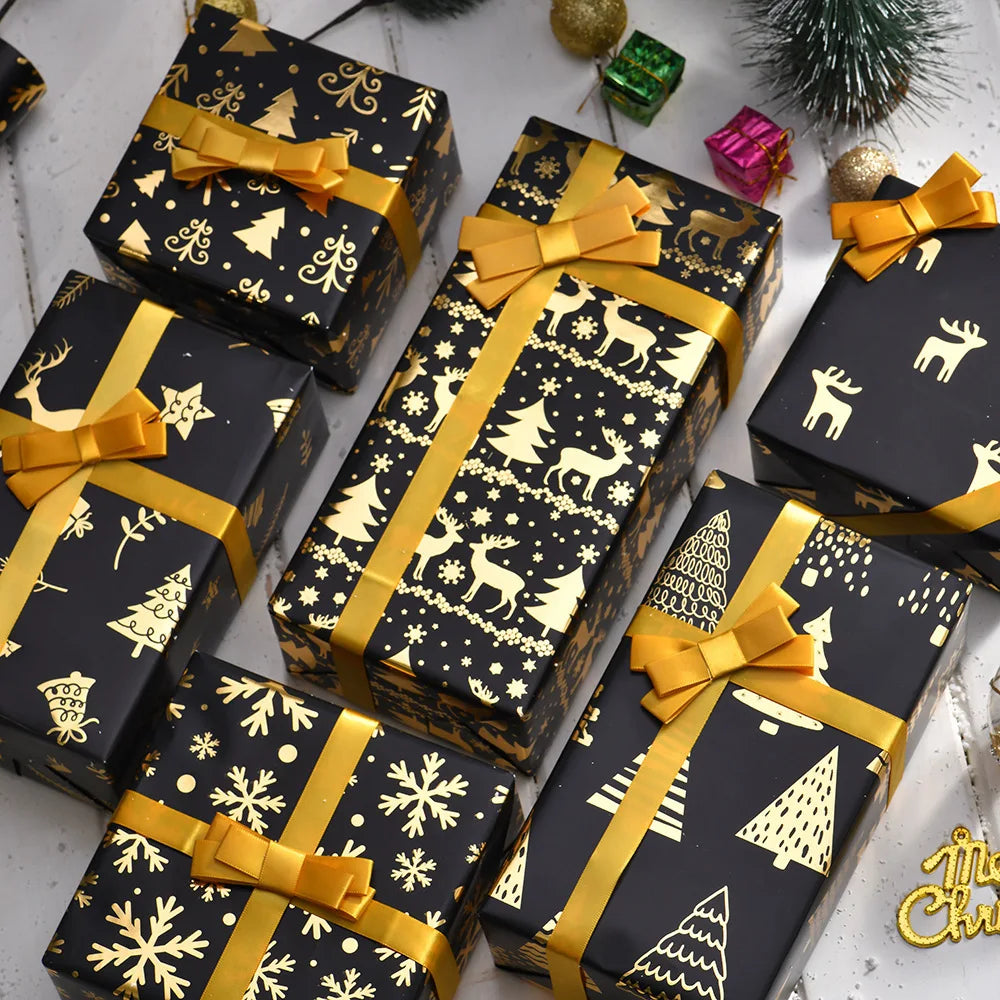 Black and Gold Foil Christmas Wrapping Paper – Reindeer & Snowflake Design on Glossy Coated Sheets for Holiday Gifts Oasis Select