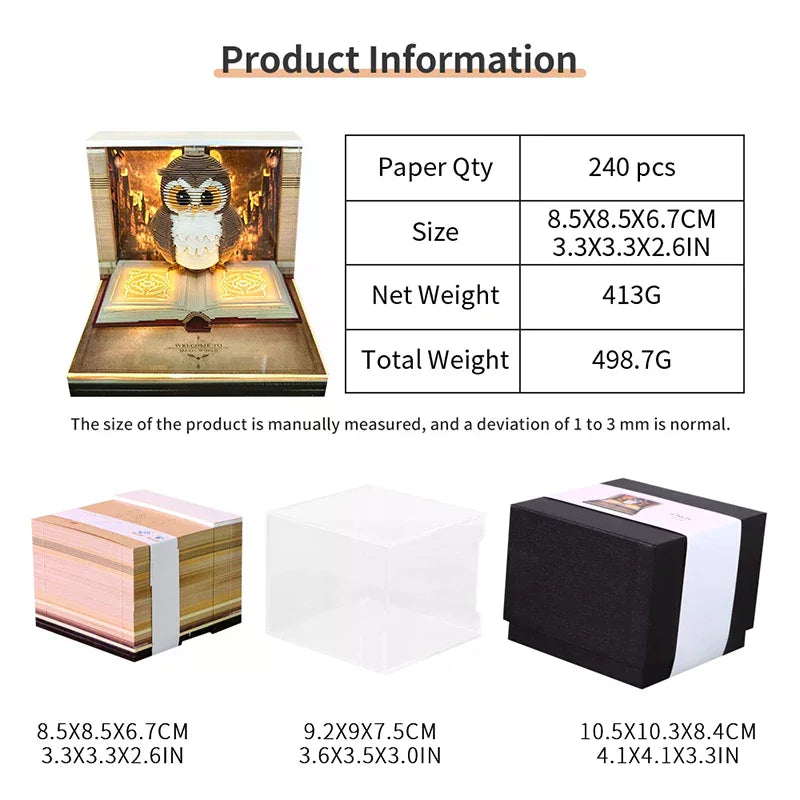 Time Piece Calendar 2026 Desk Calendar With Light 3D Magic Owl Calendar Paper Carving Art Memo Pad Notepad Gift for Christmas Oasis Select