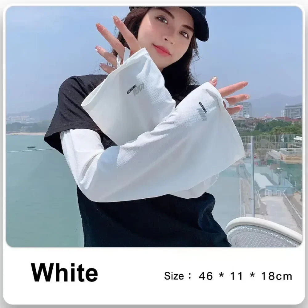 1 Pair Lightweight Sun Protection Arm Covers Loose Fit Cool Ice Silk Arm Guard Cuff Polyester Solid Color Ice Sleeve Oasis Select White