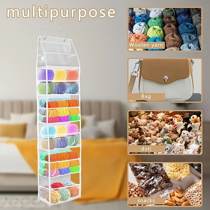 A Door-Mounted Yarn Storage Organizer Designed for Knitting And Crochet, Featuring 6 Transparent Plastic Bags And 2 Large Hooks Oasis Select