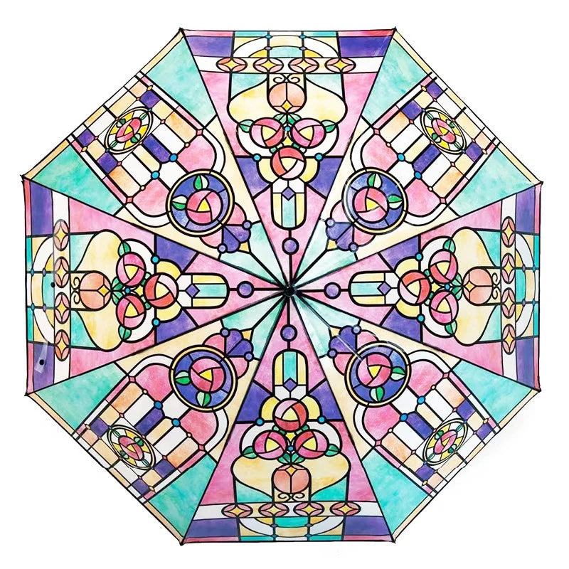 Church Retro Transparent Large Umbrella Stained Glass Transparent Umbrella Automatic Romantic Sunny Dual Use Of Rain And Light Oasis Select