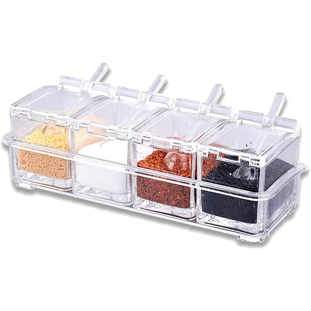 Clear Spice Seasoning Box Set of 4 with Spoons | Kitchen Storage Spice Storage Set Oasis Select Clear