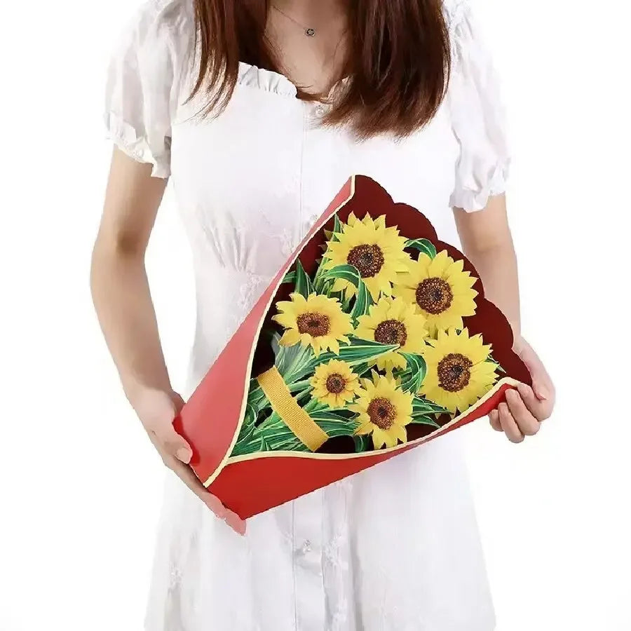 1/3/5/10PCS Paper Flower Bouquet Card 3D Pops-up Bouquet Forever Paper Hand Bouquet Valentine's Day Gift Mother's Day Cards Oasis Select Sunflower 10PCS