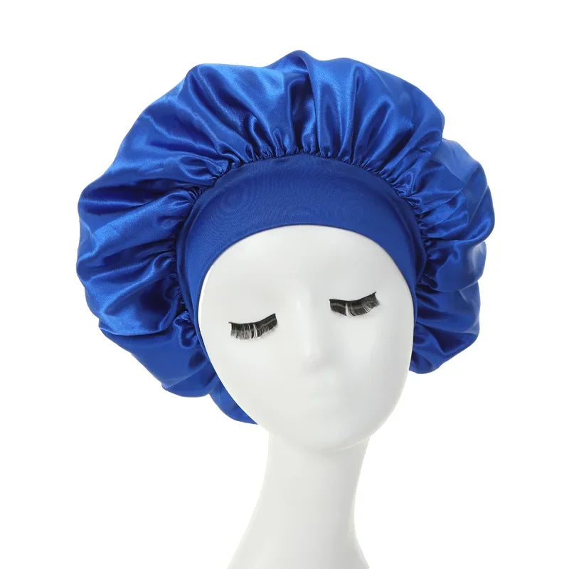 1pc Night Sleep Caps with Wide Elastic Band, Silk Wrap, Soft Head Cover Sleeping Hat for Women and Girls Curly Hair Oasis Select Blue