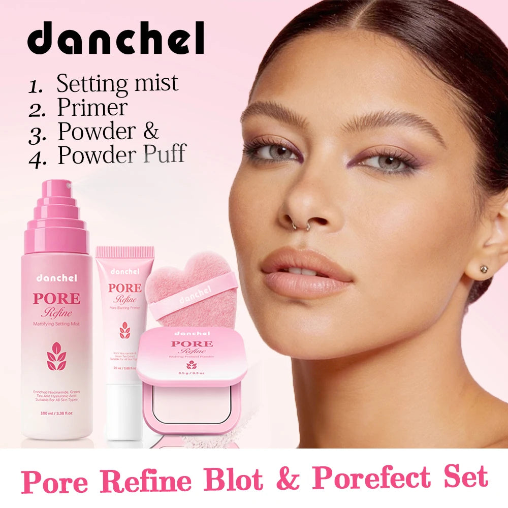 Pore Refine Blot & Porefect Set Pore-Blurring 12h Matte Oil Control Primer, Setting Spray, Touch-up, Powder Puff 4PCS Makeup Kit Oasis Select