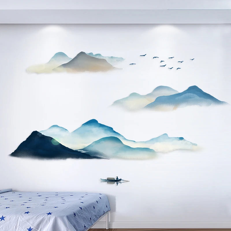 Ink Smudge Light Blue Mountain Background Wall Decoration Stickers Bedroom Bedside Chinese Artistic Conception Wall Stickers Oasis Select
