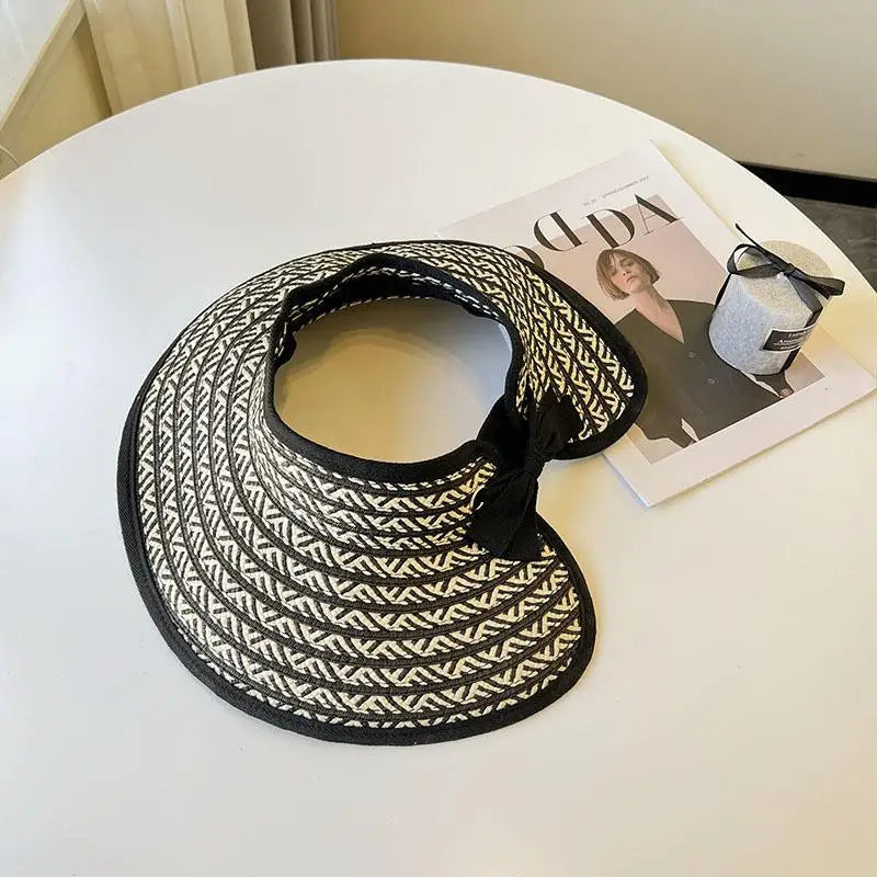 Women's Wide Brim Empty Top Straw Sun Visor Cap Summer UV Protection Foldable Casual Beach Travel Hat Oasis Select Black