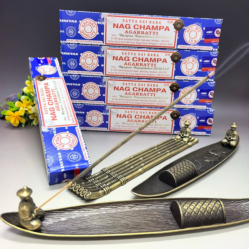5Boxes Satya NAG Champa Incense Sticks with 1pc Boat Old Men Fishing Incense Holder, for Yoga Meditation ，Home Fragrance Decor Oasis Select